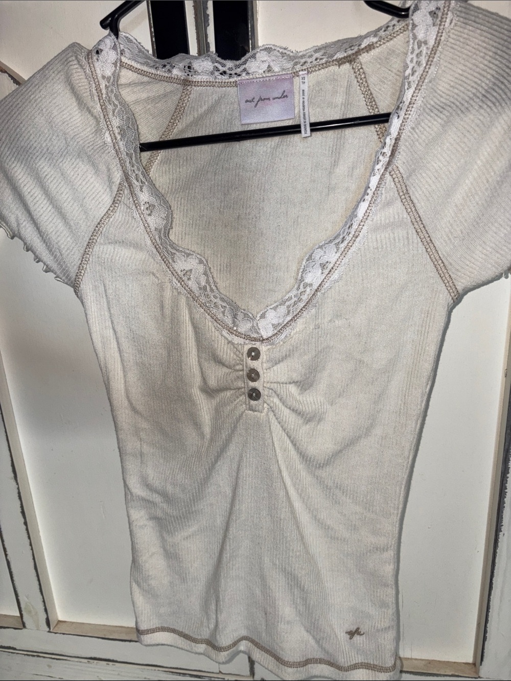 Urban Outfitters cream lace-trim ribbed henley tee